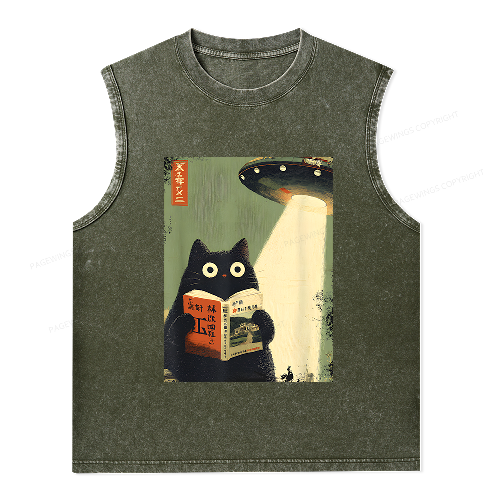 Pagewings Vintage Cat Book Lovers Unisex Washed Tank Top