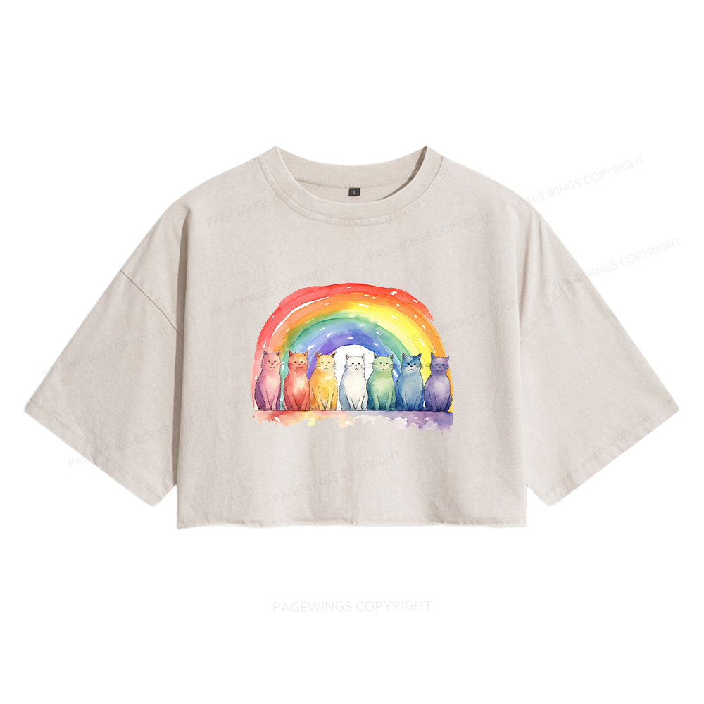 Pagewings Pride Rainbow Cat Women's Washed Cropped T-shirt