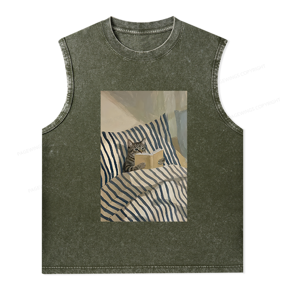 Pagewings Cat Reading Book Unisex Washed Tank Top