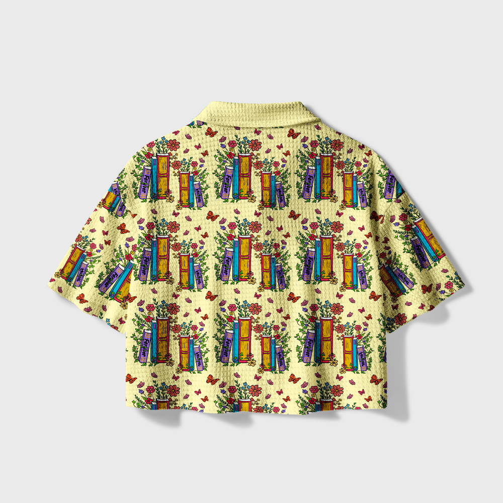 Pagewings Whimsical Bookshelf Floral Camp Collar Boxy Fit Unisex Crochet Shirt