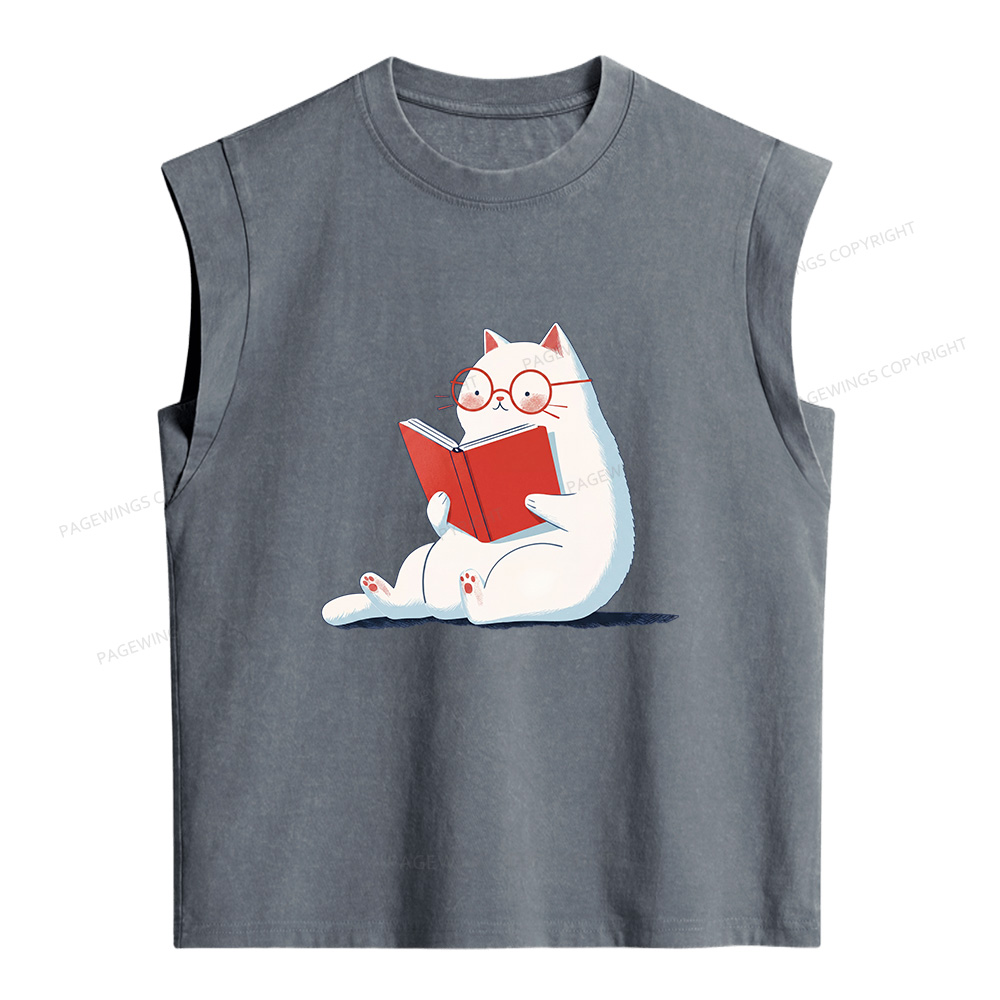 Pagewings Cat Reading Books Women's Washed Tank Top