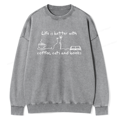 Pagewings Life Is Better With Coffee Cats And Books Unisex Washed Sweatshirt