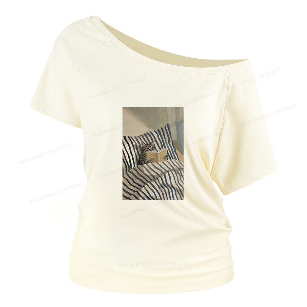 Pagewings Cat Reading Women Off Shoulder T-shirts