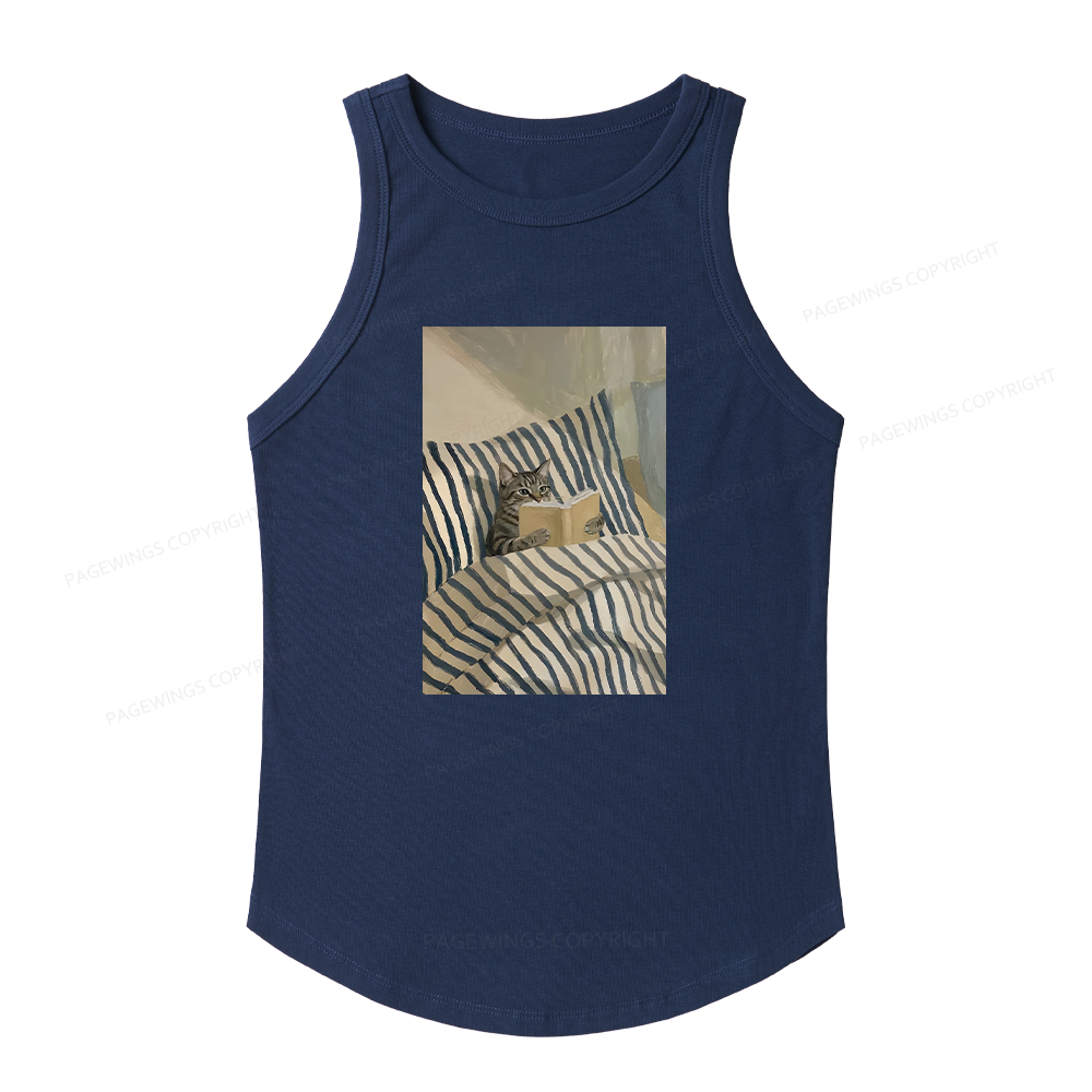 Pagewings Slim Fit Cat Reading Book In Bed Women's Fitted Tank Top 