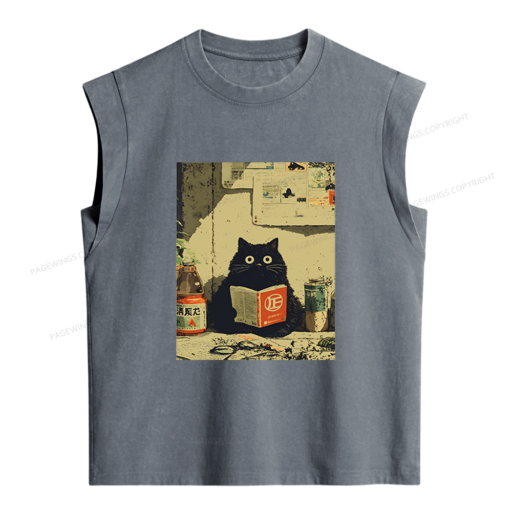 Pagewings Vintage Japanese Cat Book Lovers Women's Washed Tank Top