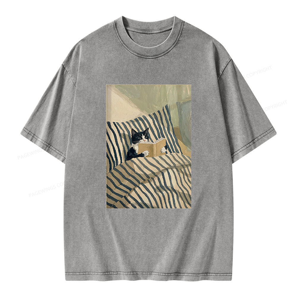 Pagewings Cat Reading Book Unisex Washed T-shirt