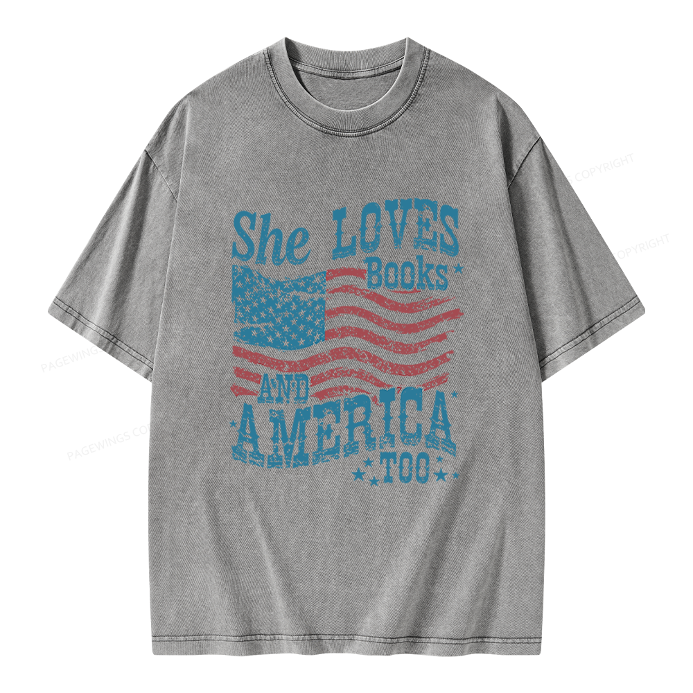Pagewings She Loves Books And America Too Unisex Washed T-shirt