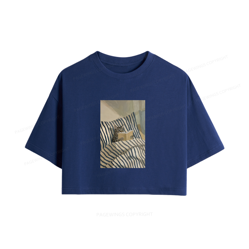 Pagewings Cat Reading Book In Bed Women Crop Tops
