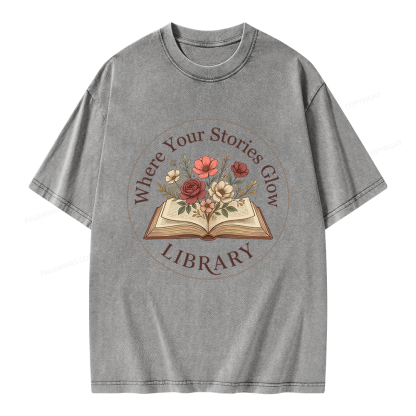 Pagewings Where Your Stories Glow Library Unisex Washed T-shirt