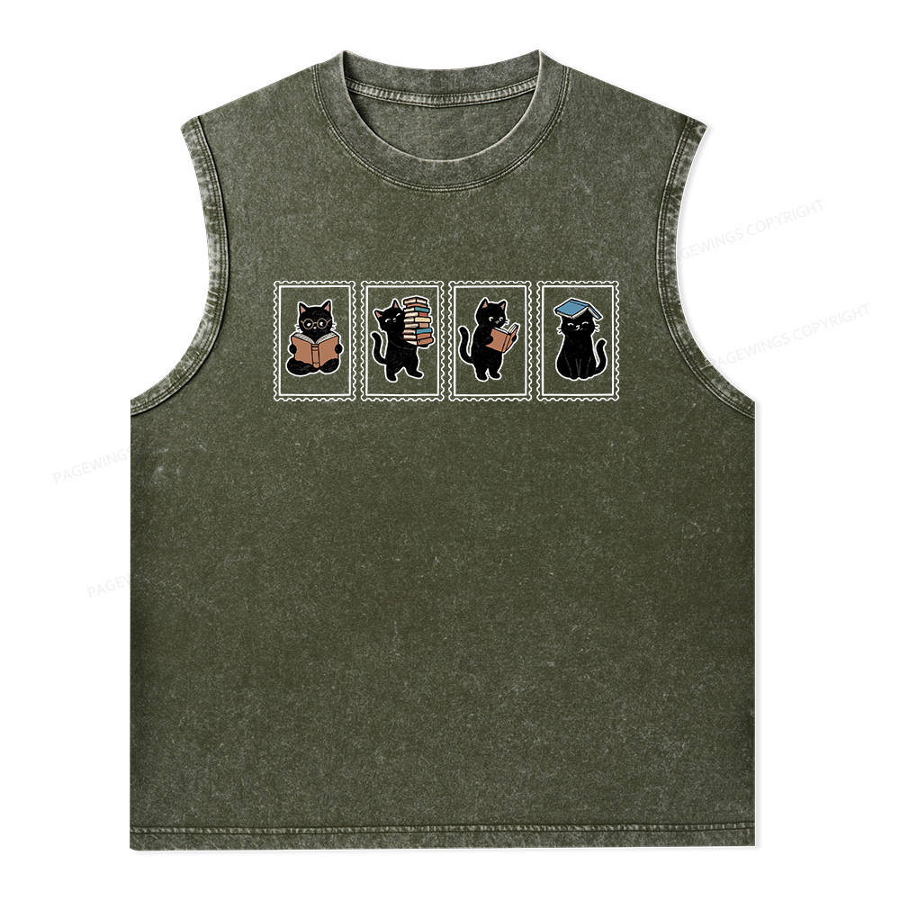 Pagewings Black Cats and Books Unisex Washed Tank Top