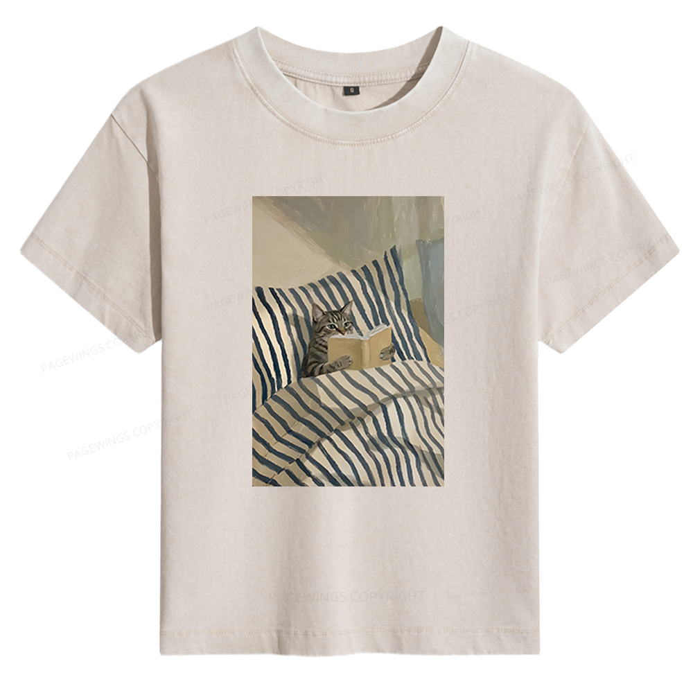 Pagewings Cat Reading Book Women's Washed T-shirt
