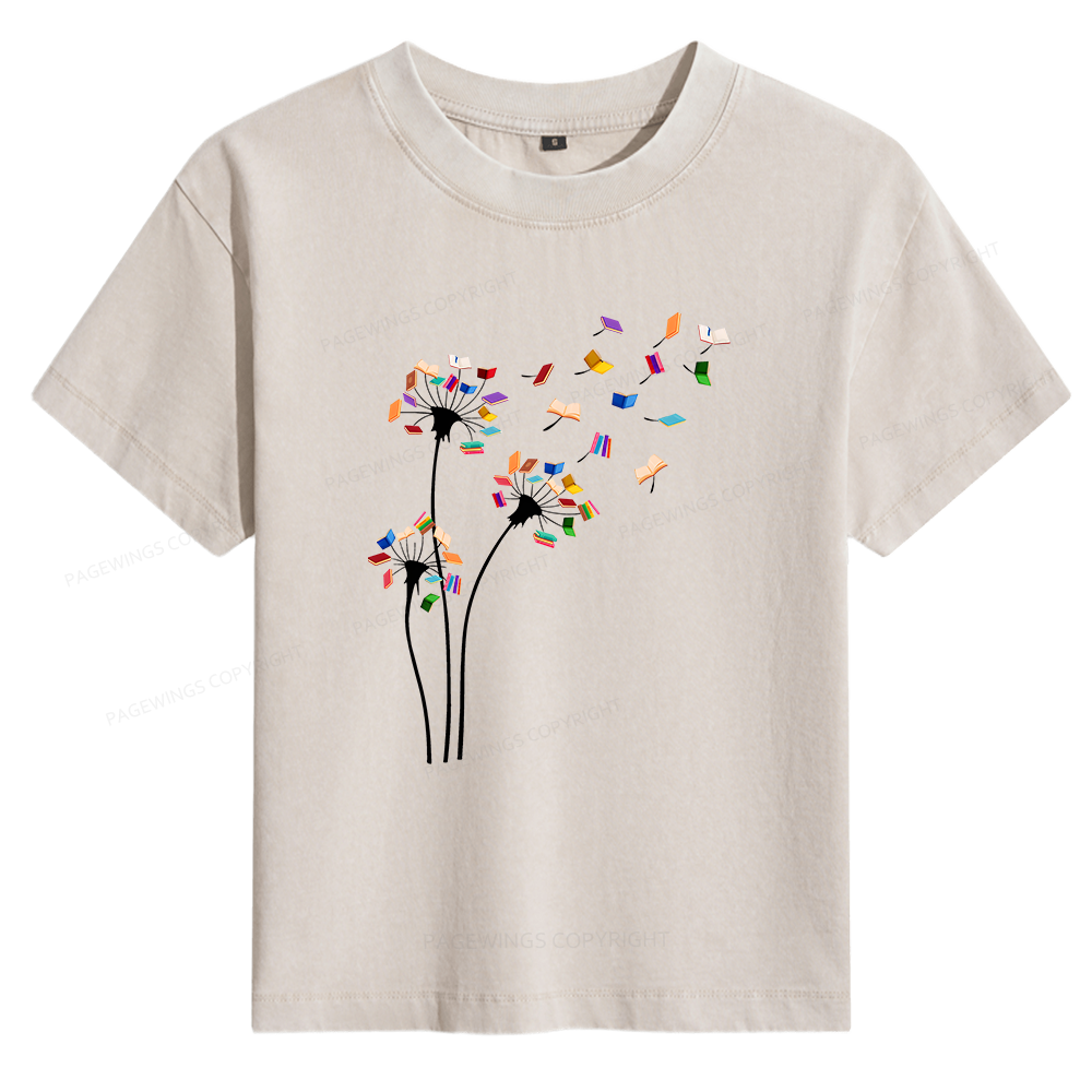 Pagewings Cute Dandelion Books Flower Fly Women's Washed T-shirt