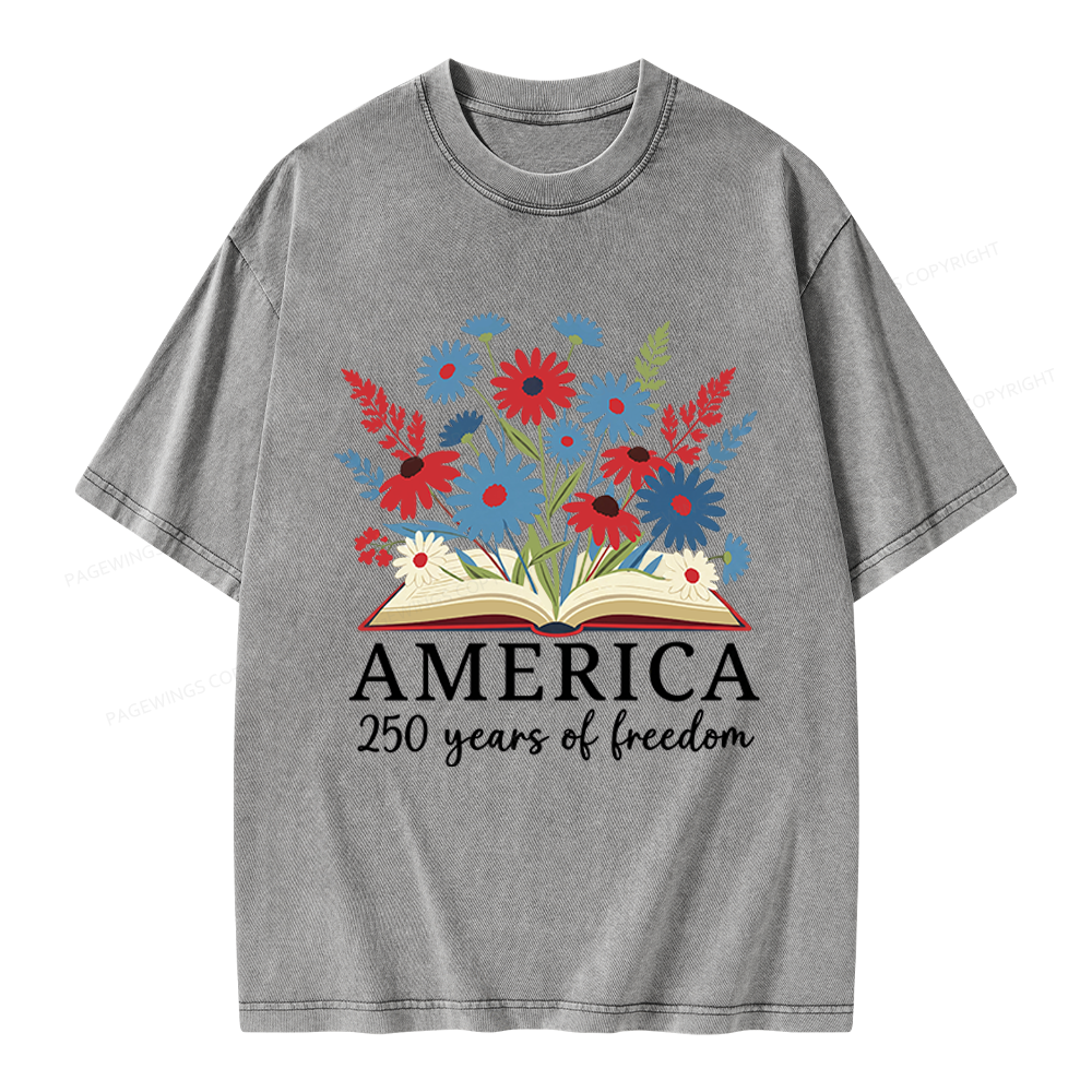 Pagewings Floral Patriotic America 250 Unisex Washed T-shirt