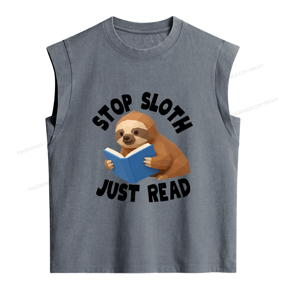 Pagewings Stop Sloth Just Read Women's Washed Tank Top