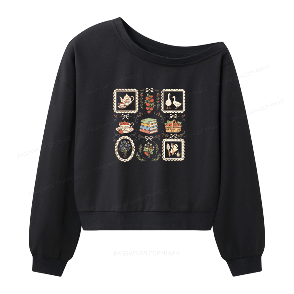 Pagewings Goose Reading Women Off Shoulder Sweatshirt