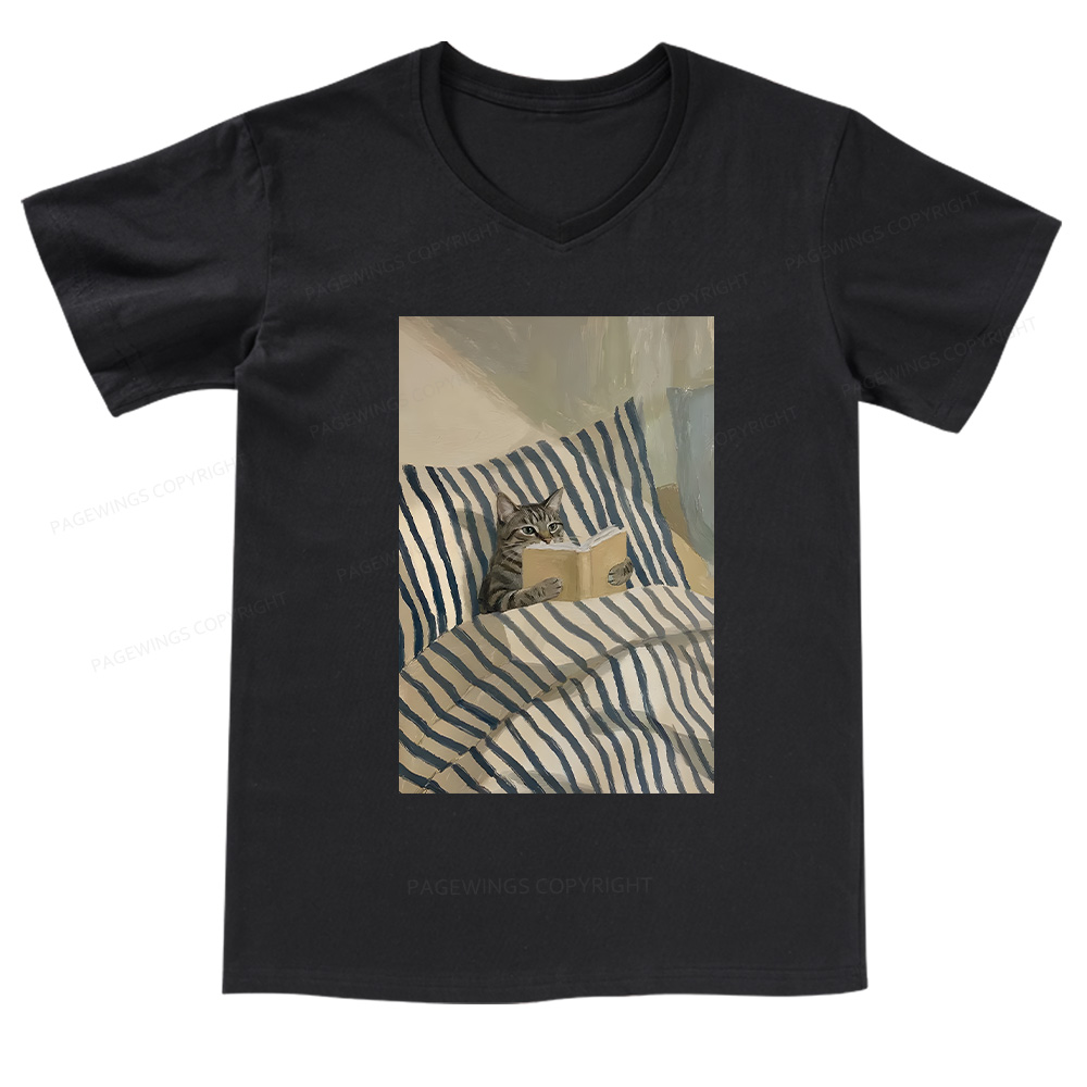 Pagewings Cat Reading Book In Bed V-neck T-shirt