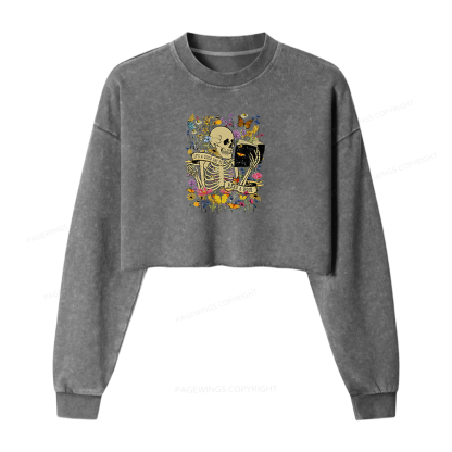 Pagewings Skull Skeleton Reading Book Washed Crop Sweatshirt
