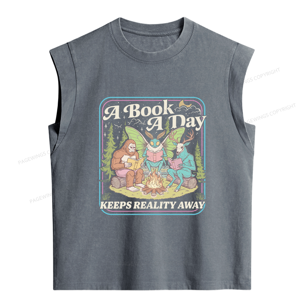 Pagewings A Book A Day Keeps Reality Away Women's Washed Tank Top