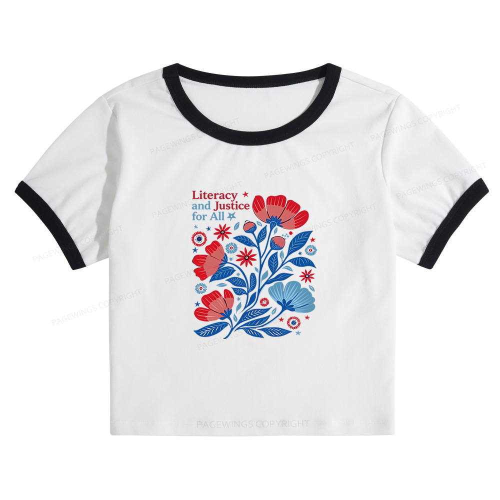 Pagewings Literacy and Justice for All Baby Tee Cropped Ringer T-Shirt