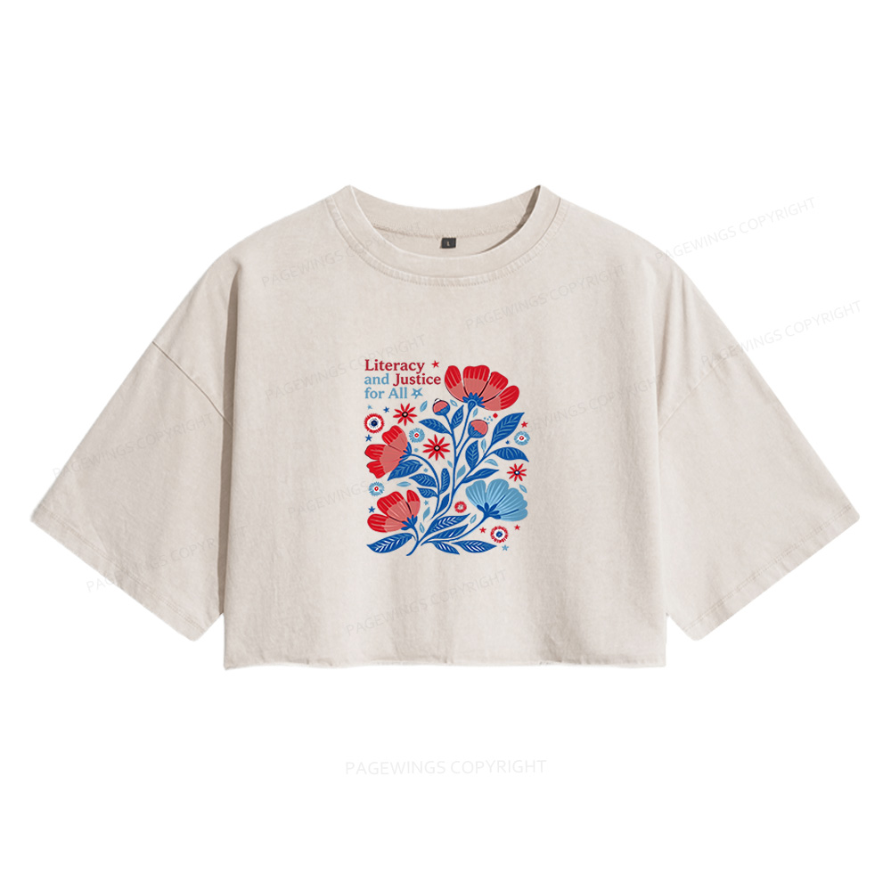 Pagewings Literacy and Justice for All Women's Washed Cropped T-shirt