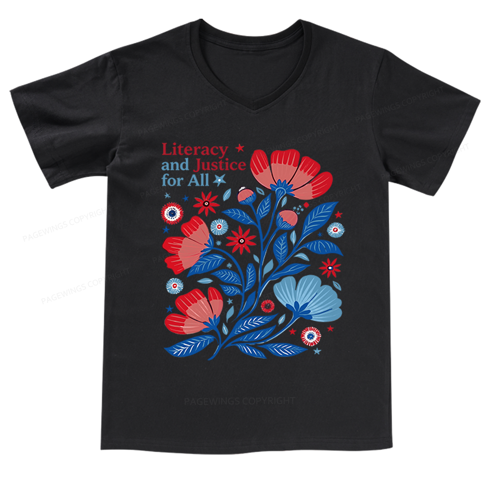 Pagewings Literacy and Justice for All V-neck T-shirt