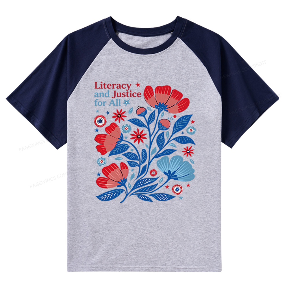 Pagewings Literacy and Justice for All Raglan T-shirt