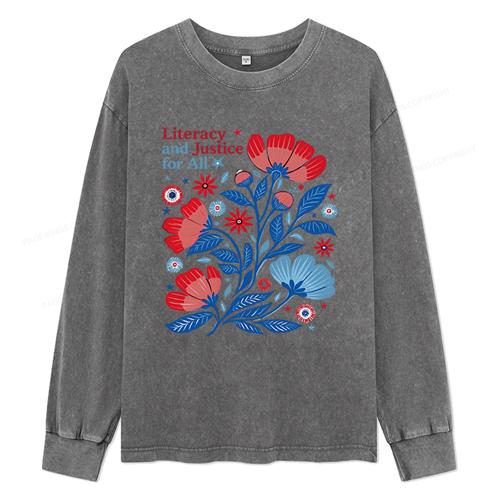 Pagewings Literacy and Justice for All Unisex Washed Long Sleeve T-shirt