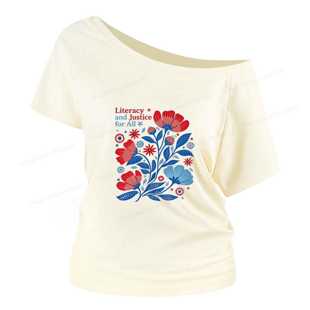 Pagewings Literacy and Justice for All Women Off Shoulder T-shirts