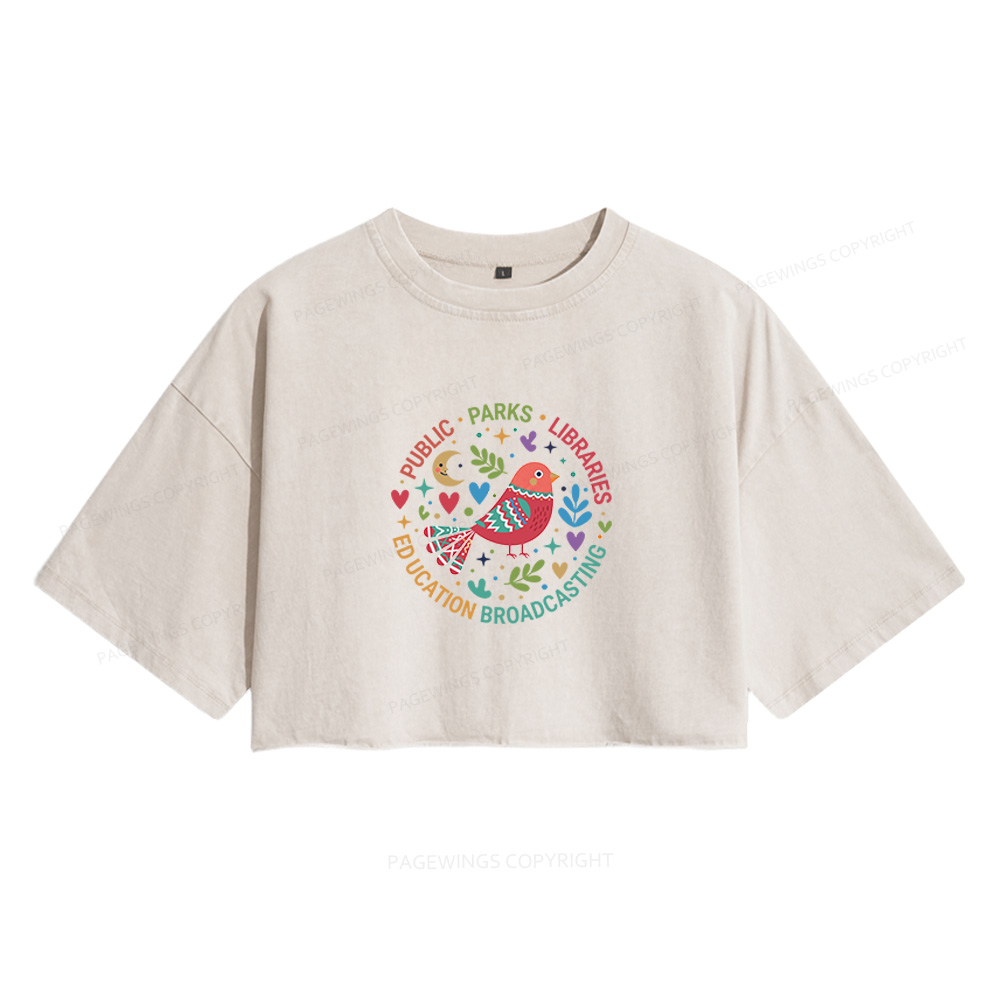 Pagewings Public Parks Libraries Education Broadcasting Women's Washed Cropped T-shirt