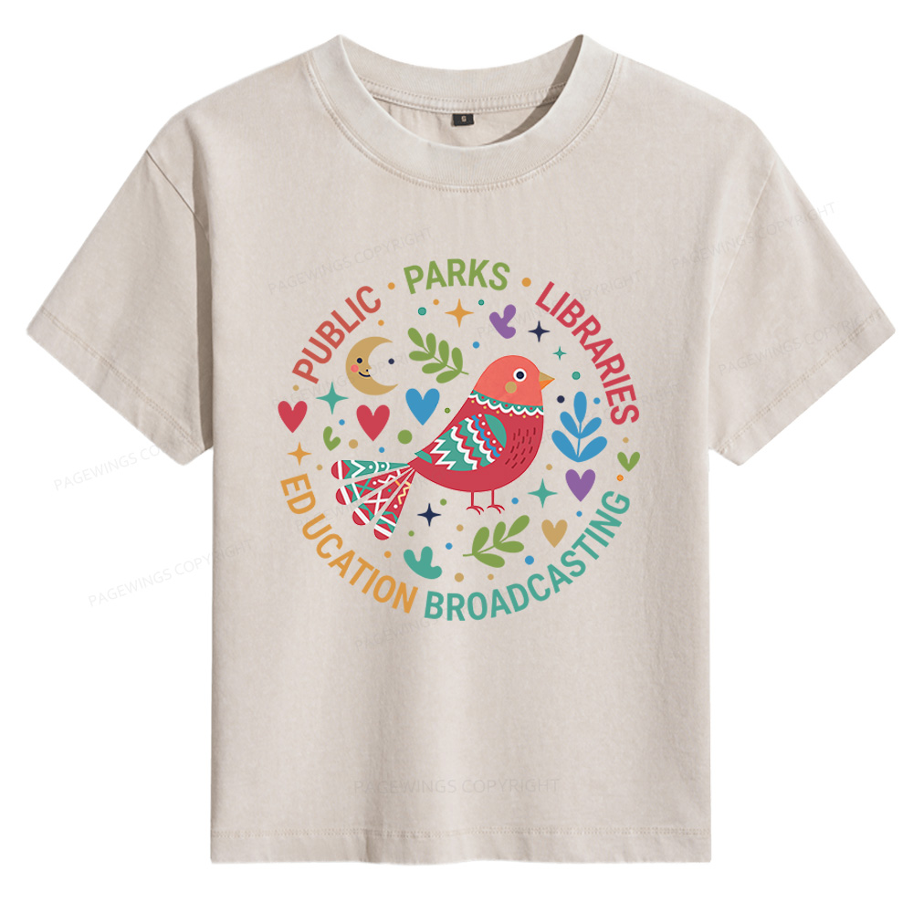 Pagewings Public Parks Libraries Education Broadcasting Women's Washed T-shirt