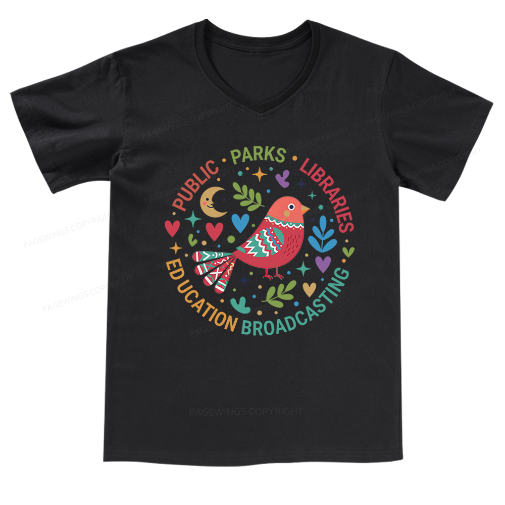 Pagewings Public Parks Libraries Education Broadcasting V-neck T-shirt