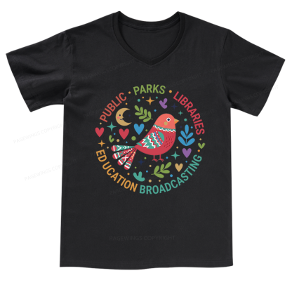 Pagewings Public Parks Libraries Education Broadcasting V-neck T-shirt