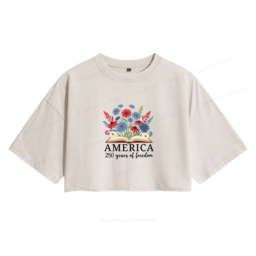 Pagewings Floral Patriotic America 250 Women's Washed Cropped T-shirt