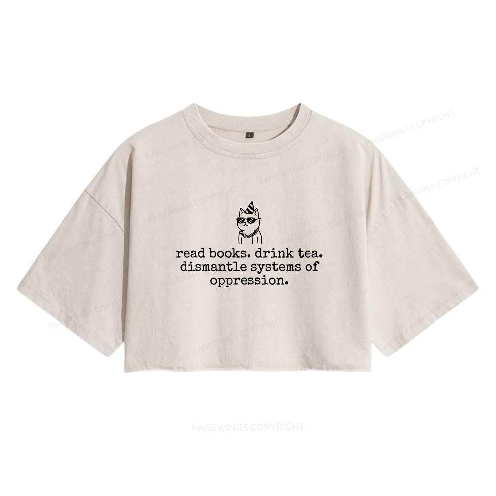 Pagewings Books and Tea Women's Washed Cropped T-shirt