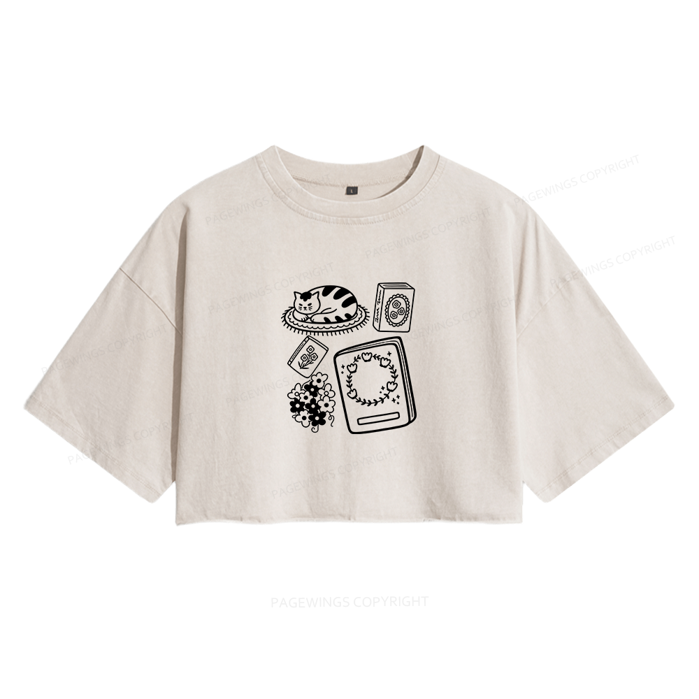 Pagewings Cat And Books Women's Washed Cropped T-shirt