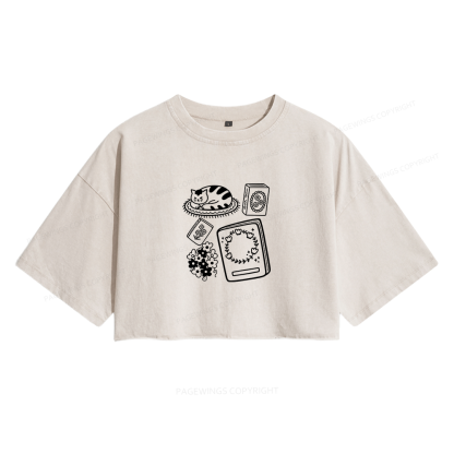 Pagewings Cat And Books Women's Washed Cropped T-shirt