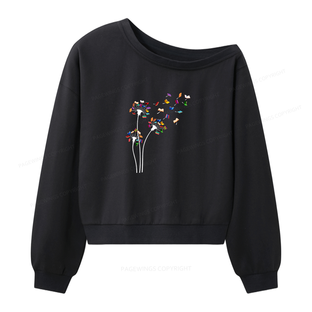 Pagewings Cute Dandelion Books Flower Fly Women Off Shoulder Sweatshirt