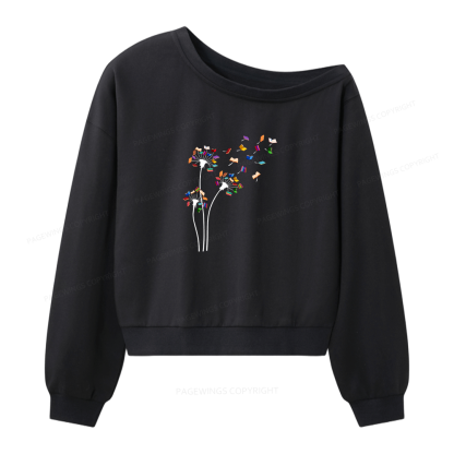 Pagewings Cute Dandelion Books Flower Fly Women Off Shoulder Sweatshirt