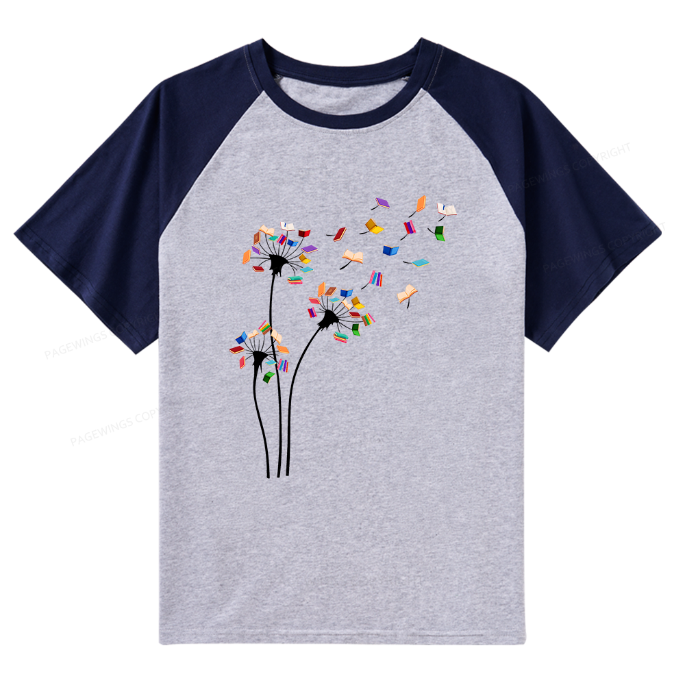 Pagewings Cute Dandelion Books Flower Fly Raglan T-shirt