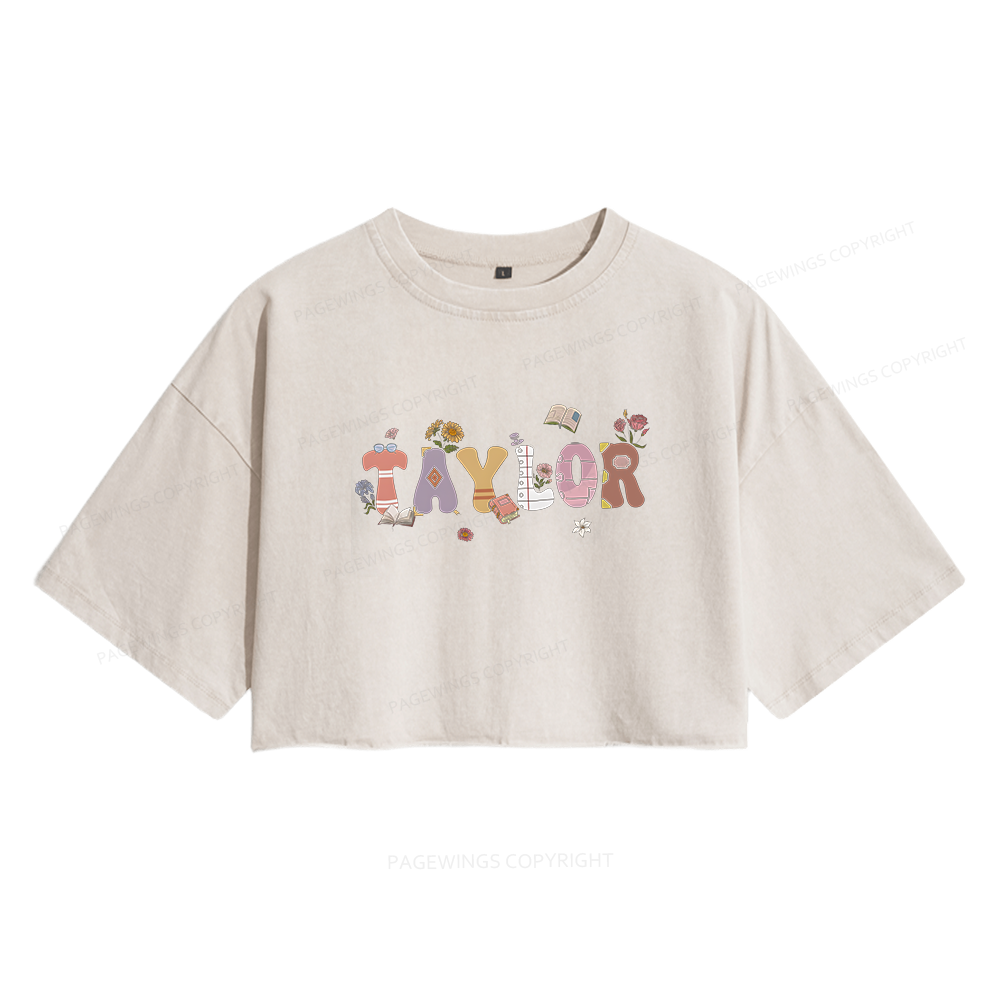 Pagewings Personalized Name Bookworm Women's Washed Cropped T-shirt