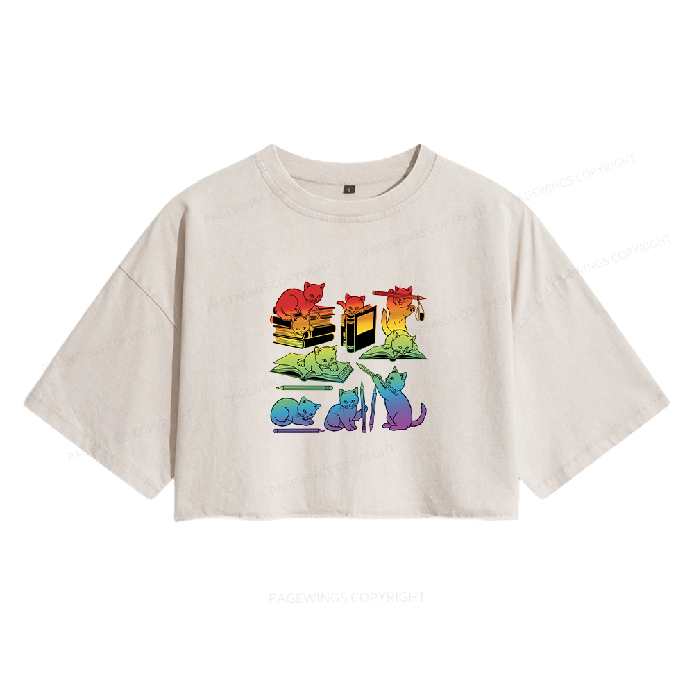 Pagewings Rainbow Cats Women's Washed Cropped T-shirt