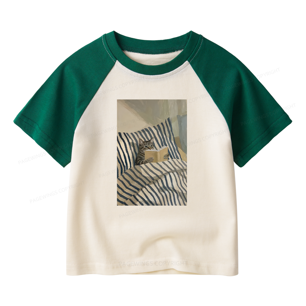 Pagewings Cat Reading Book In Bed Kids Raglan T-shirt 