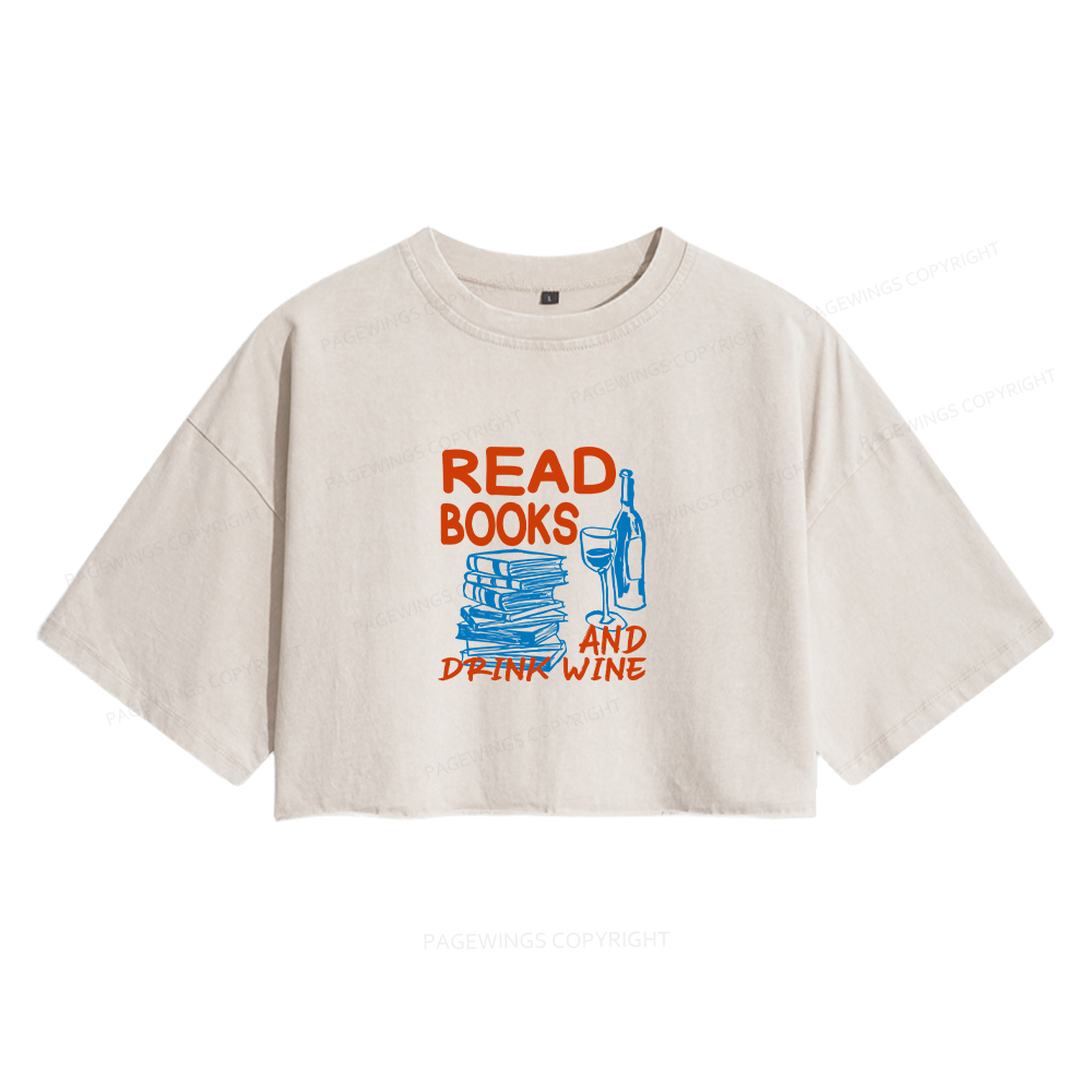 Pagewings Read Book And Drink Wine Women's Washed Cropped T-shirt