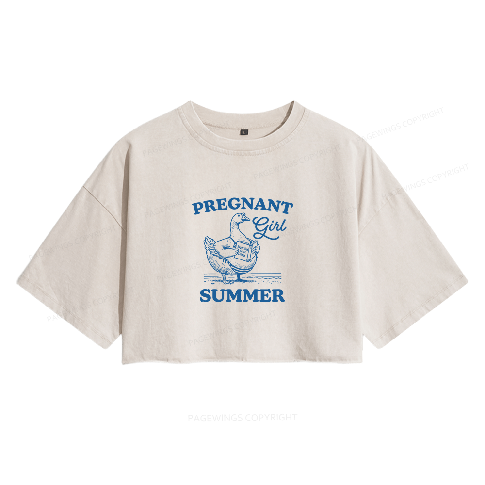 Pagewings Pregnant Girl Summer Women's Washed Cropped T-shirt