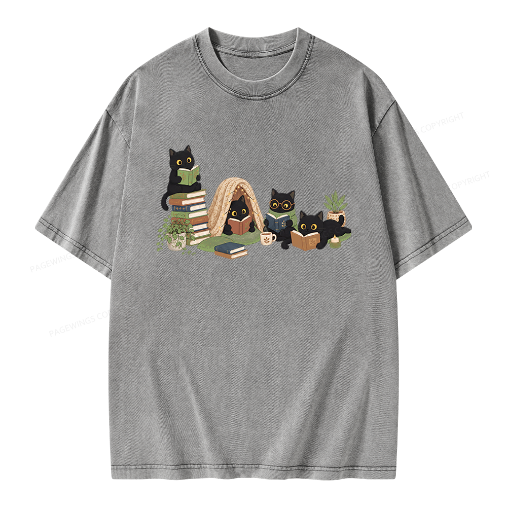 Pagewings Black Cat Reading Unisex Washed T-shirt