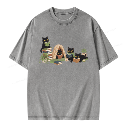 Pagewings Black Cat Reading Unisex Washed T-shirt