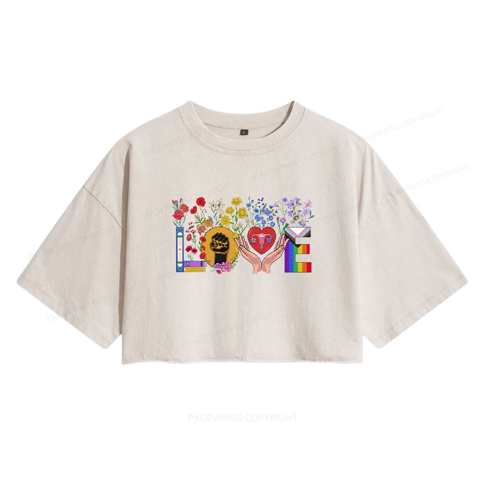 Pagewings Floral Love Human Rights Women's Washed Cropped T-shirt