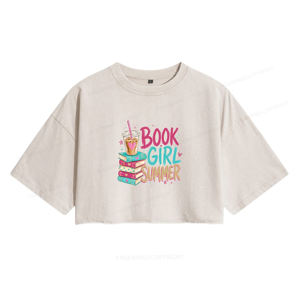 Pagewings Book Girl Summer Women's Washed Cropped T-shirt