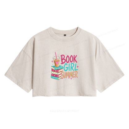 Pagewings Book Girl Summer Women's Washed Cropped T-shirt