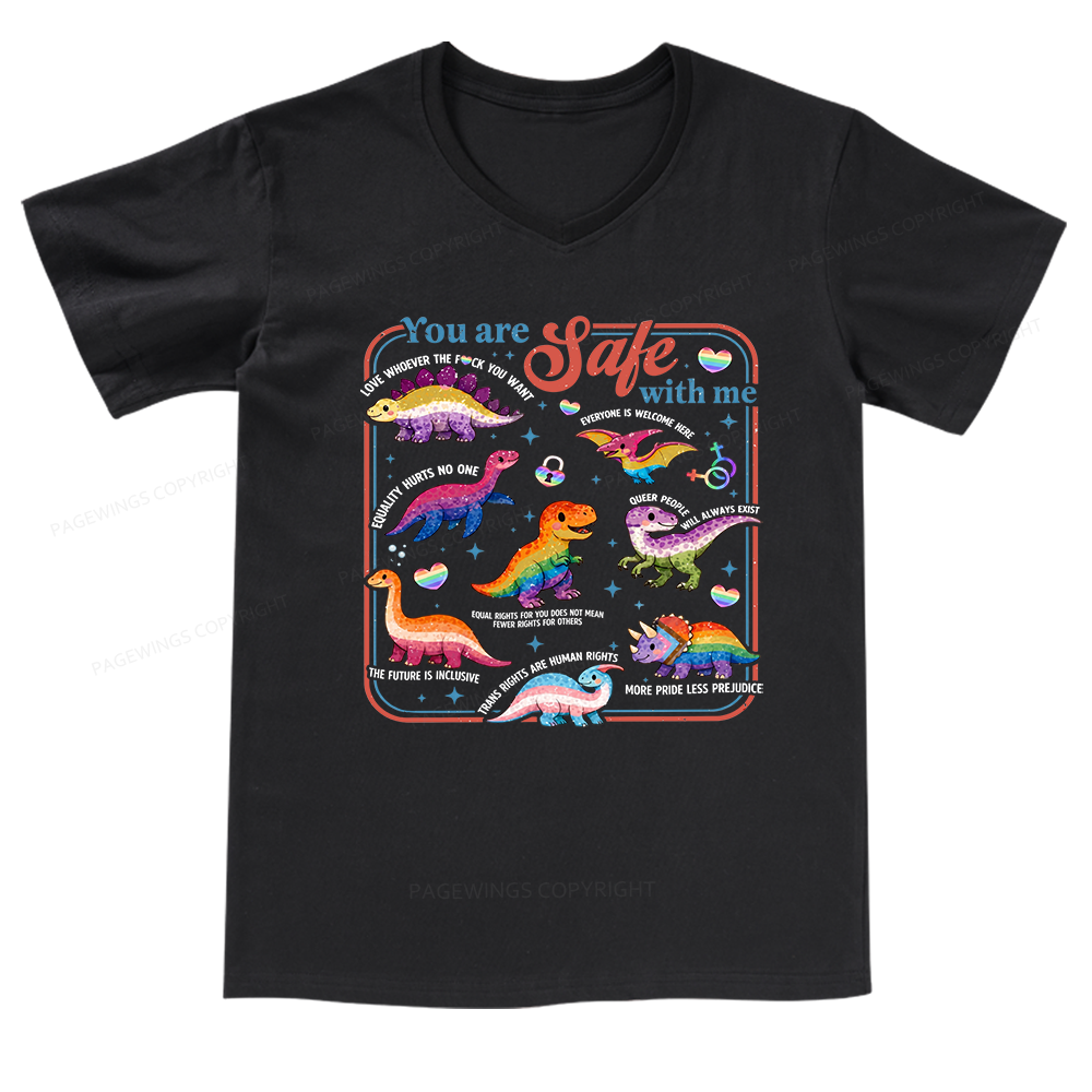 Pagewings Dinosaur Rainbow V-neck T-shirt